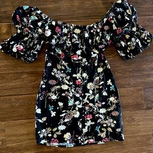 Boutique off the shoulder mini black/floral dress